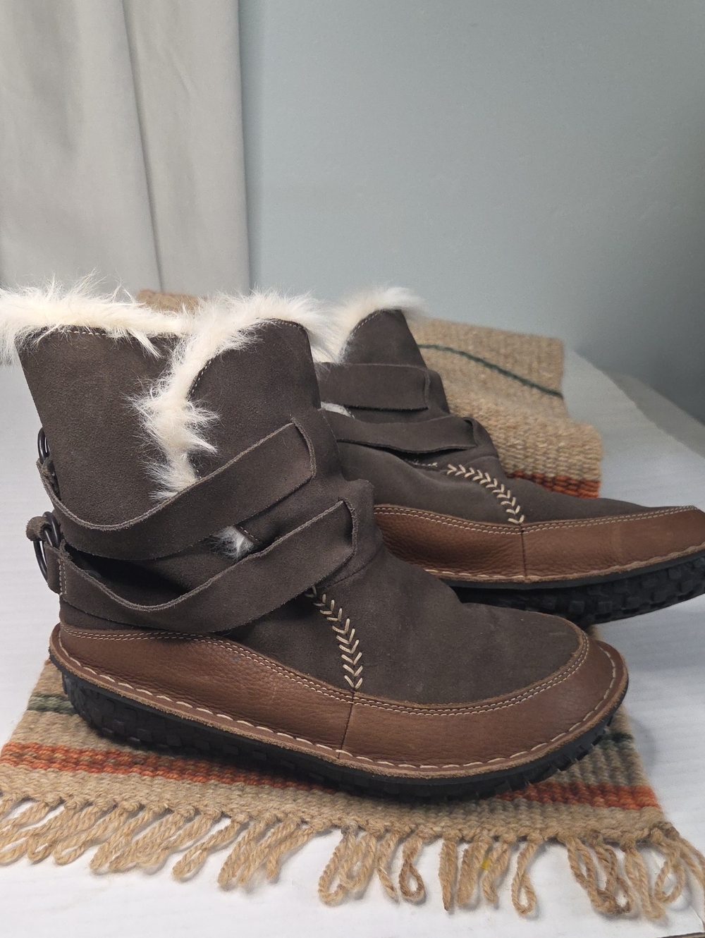 Sorel Brown Suede And Leather White Faux-Fur Trim Winter Ankle Boots